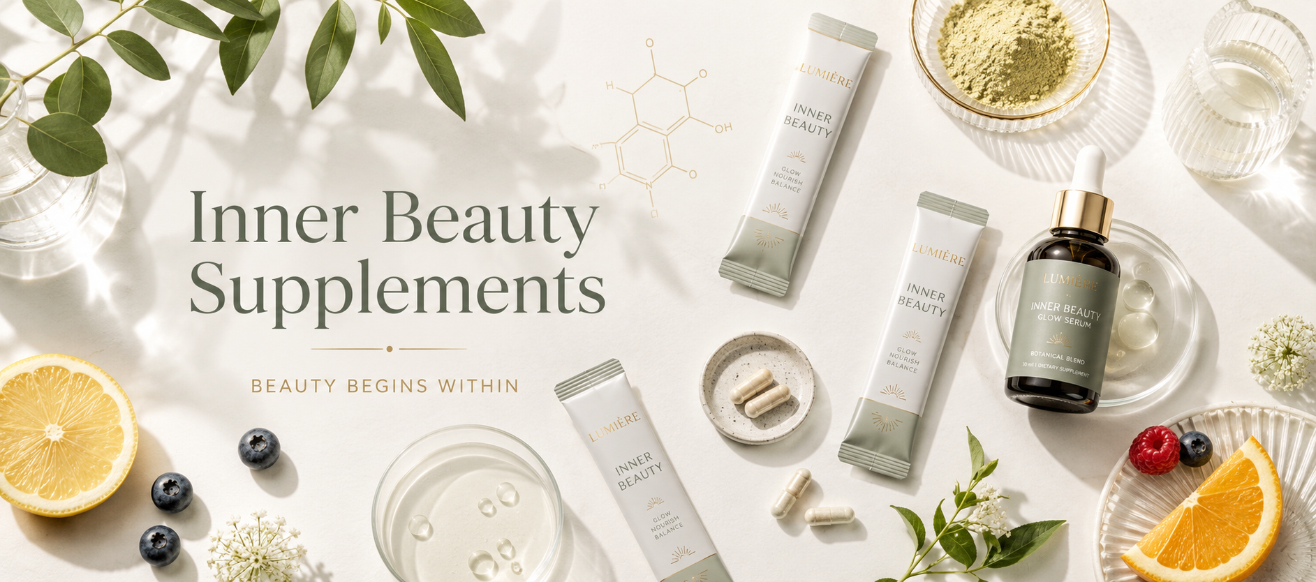Collagen peptides vitamins and botanical ingredients used in inner beauty supplements