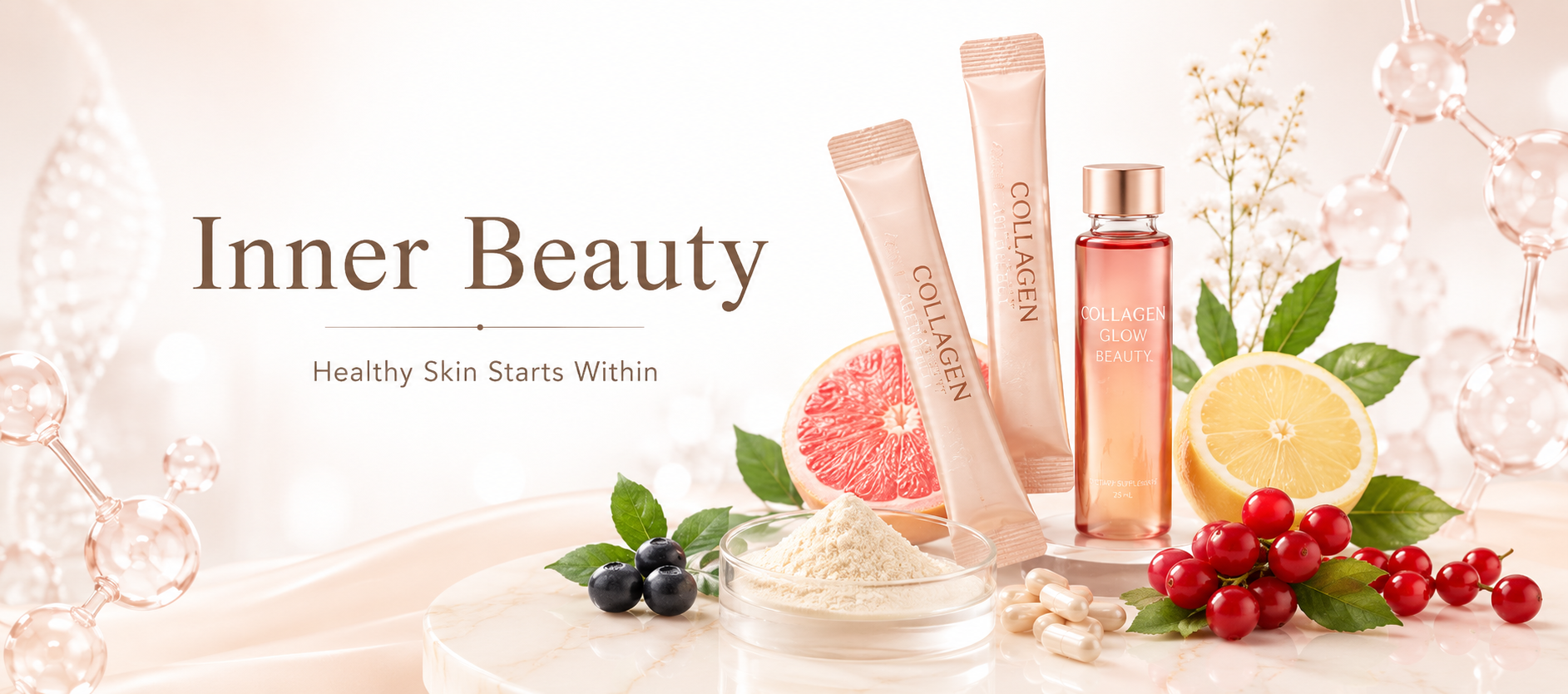 Inner beauty supplements with collagen and nutrients for healthy-looking skin