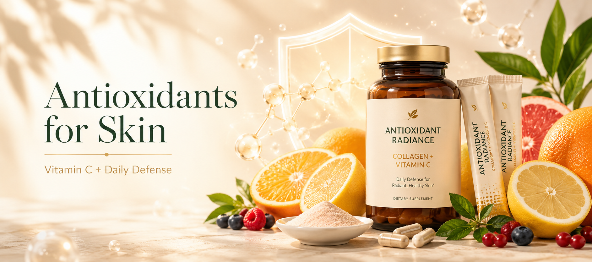Vitamin C collagen and antioxidant ingredients supporting healthy-looking skin