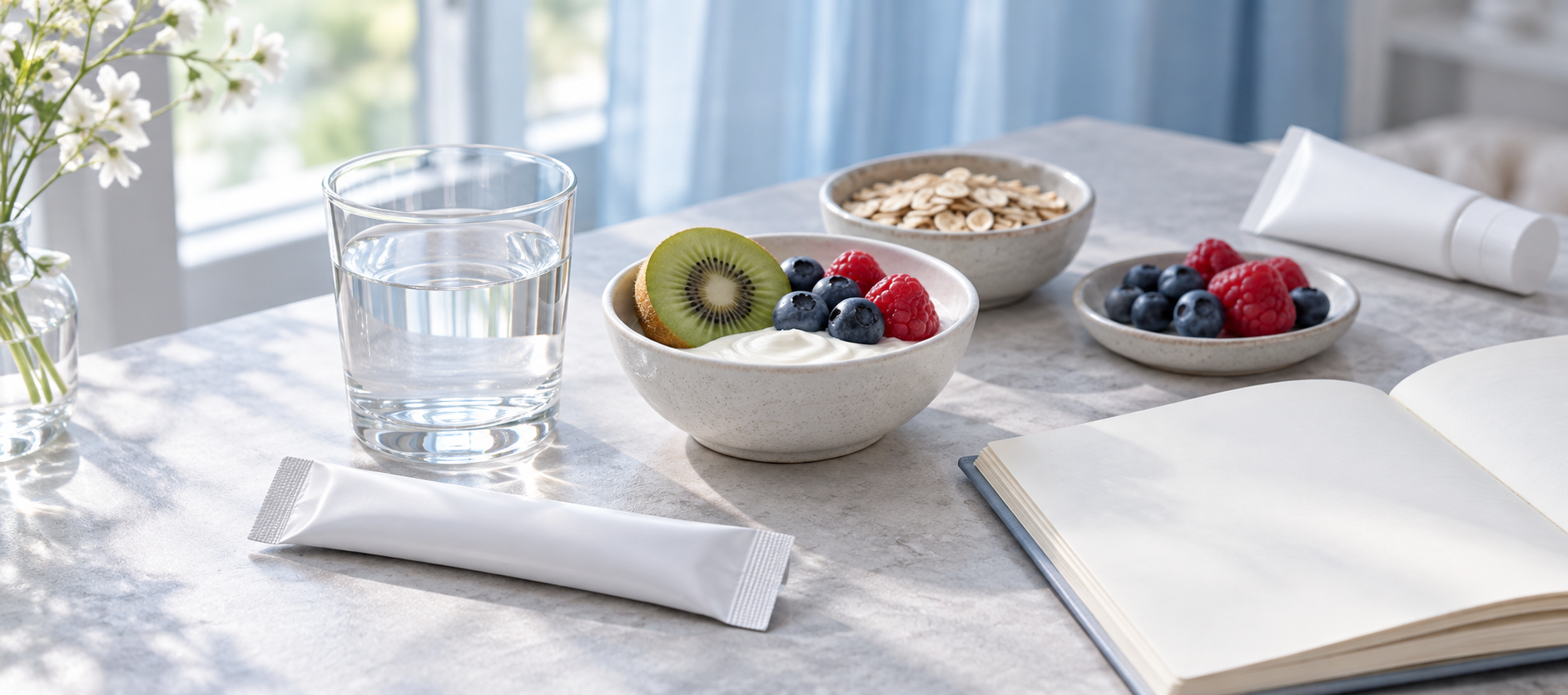 Nutricare: Collagen Supplements — Inner Beauty in Korea, with powder sticks, a drink bottle and capsules.