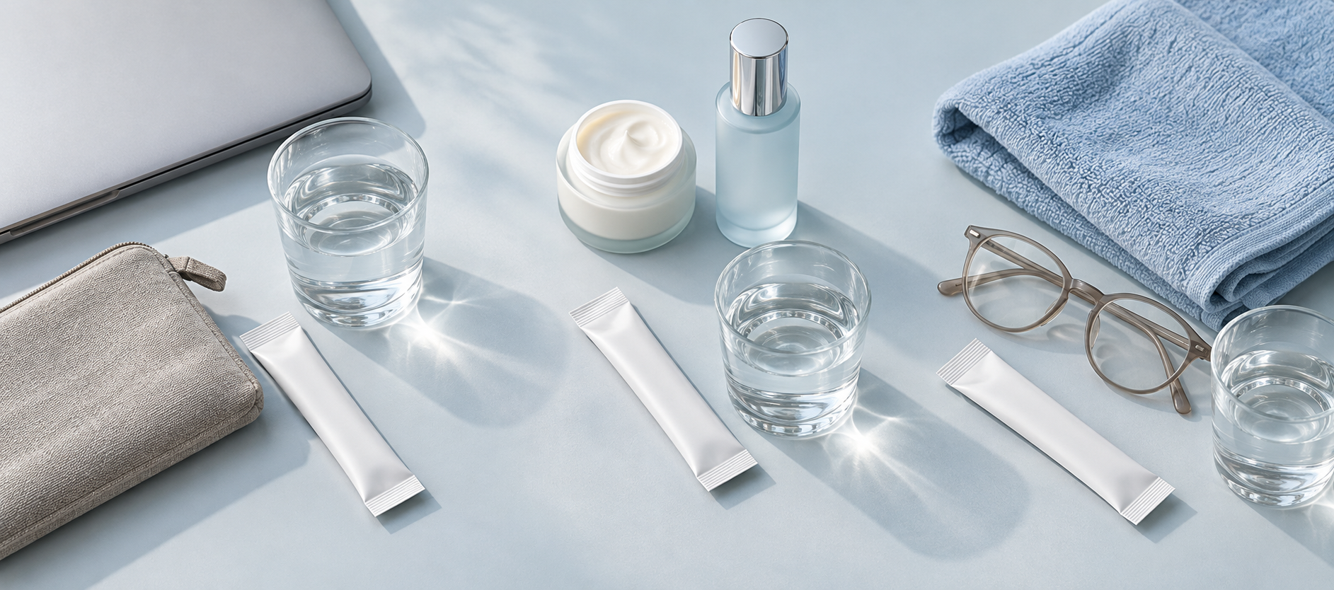 Collagen sachet with water, breakfast foods and sunscreen in a daily inner beauty routine.
