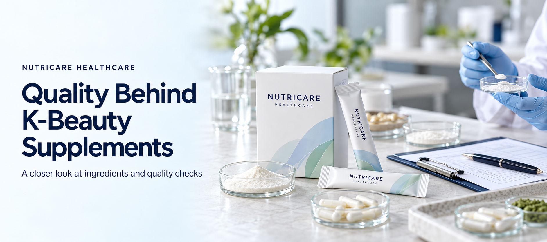 Nutricare Healthcare supplement packaging with ingredient samples and a quality review checklist.