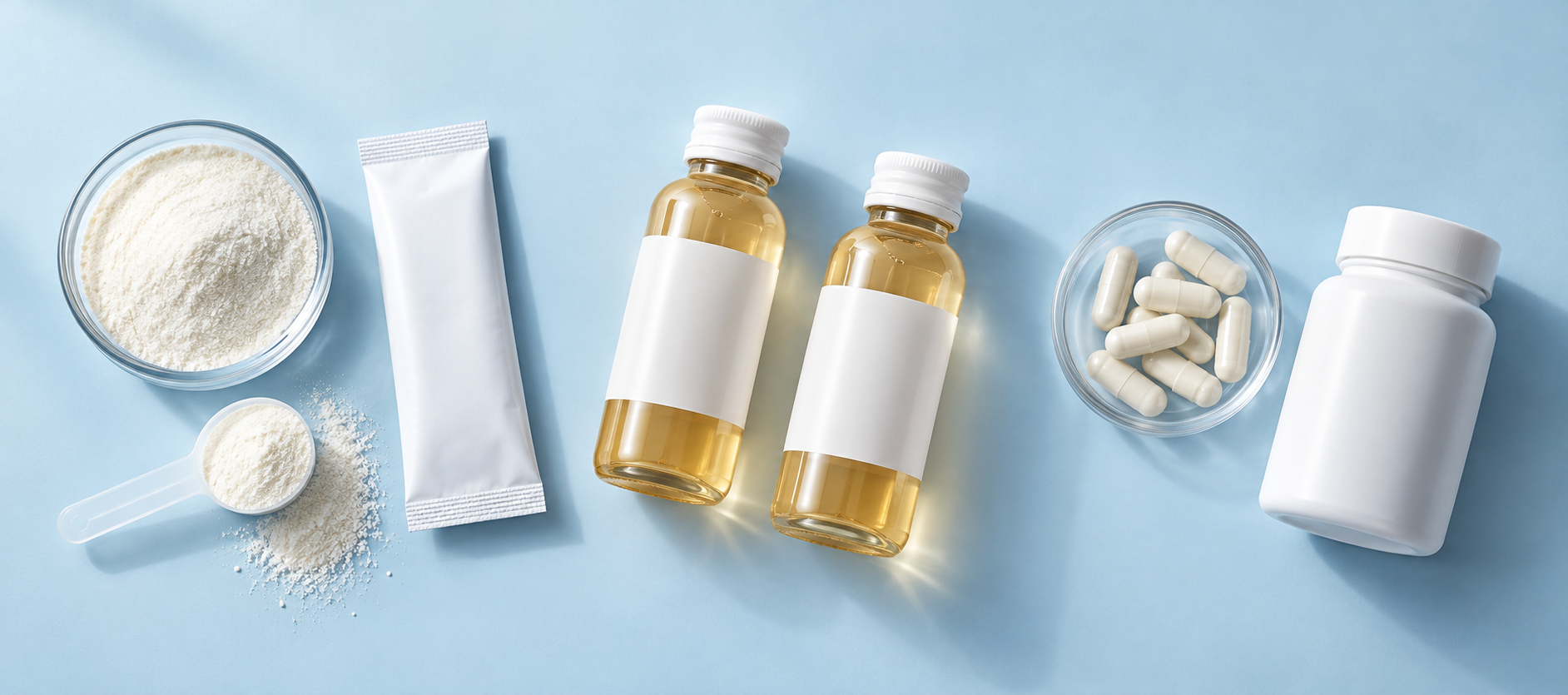 Collagen supplement formats including powder sachets, liquid drinks and capsules.